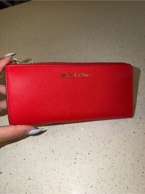 Michael Kors Red Saffiano Zip Wallet with Gold Logo